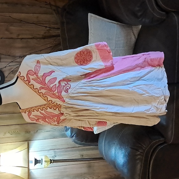 Veveret Embroidered Babydoll Shift Dress Mini Boho Hippie Linen Artsy Floral - Picture 3 of 10